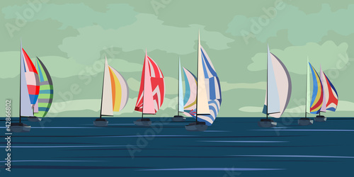 Photo Vector illustration of sailing yacht regatta.