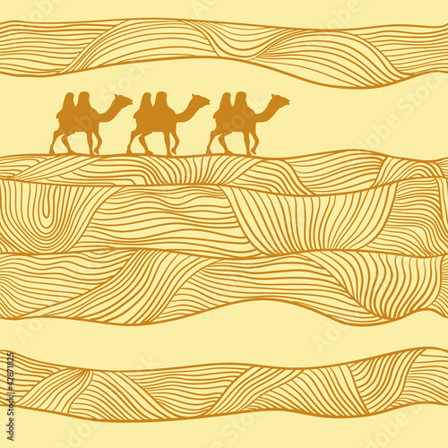 Seamless Pattern With Camels And Sand.
