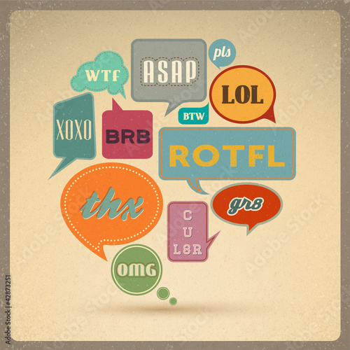 Most common used acronyms on retro style speech bubbles.