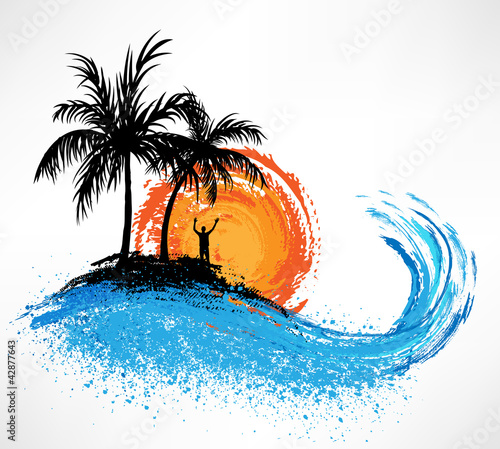Palm trees and ocean wave. Sunset
