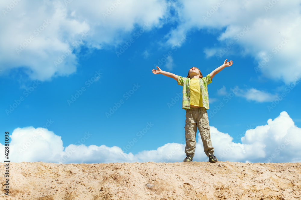 Happy child standing with hands raised up over sky on the top Happy child standing with hands raised up over sky on the top