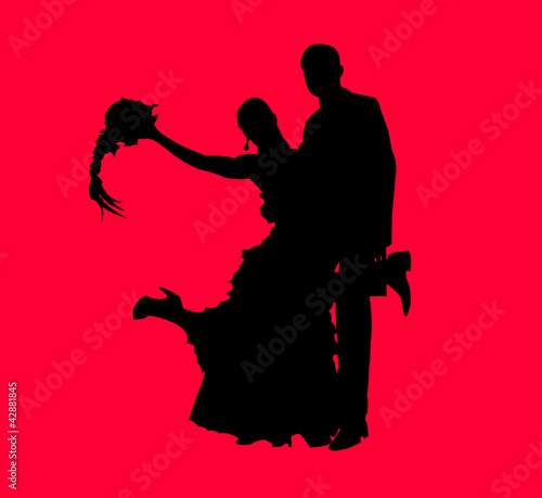 Groom and bride in red background silhouette layered