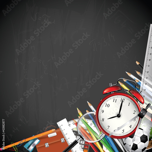 School blackboard background with school supplies