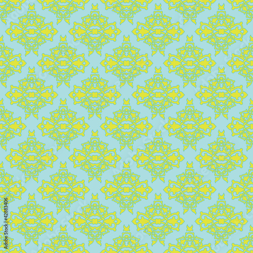 Baroque pattern in lime green on a blue background