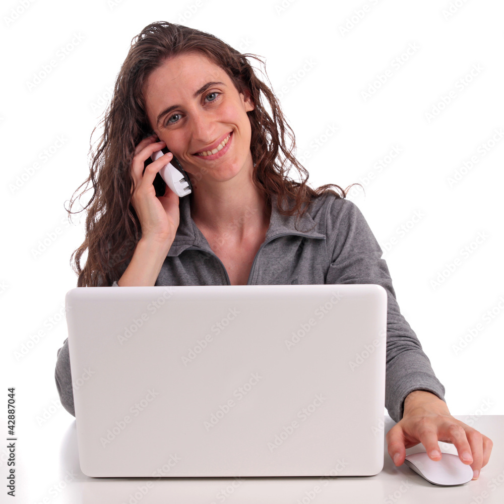 woman with phone and computer