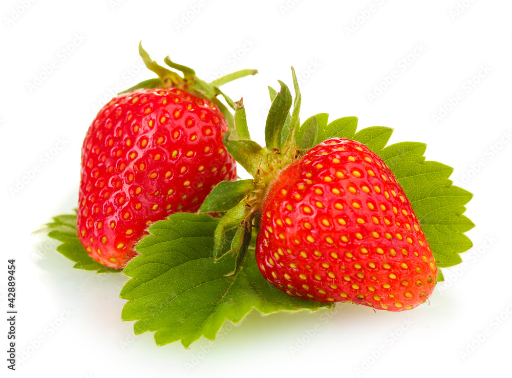 sweet ripe strawberries with leaves isolated on white sweet ripe strawberries with leaves isolated on white
