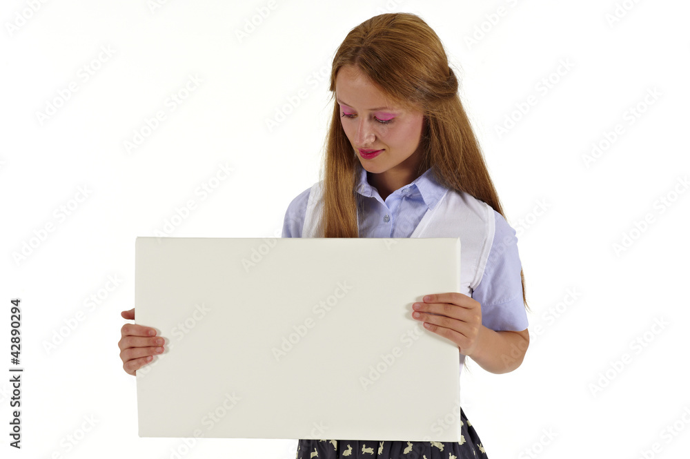 woman holding an advertising banner sign woman holding an advertising banner sign