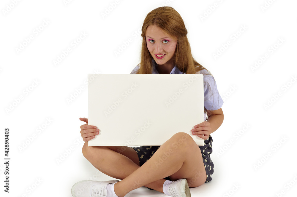 Fototapeta premium girl sitting down with blank board