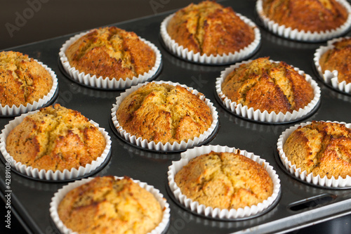 Delicious fresh homemade banana muffins in a baking tray