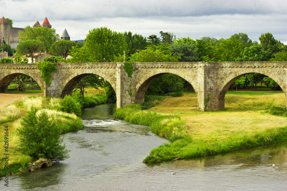 beautiful view of old bridge in Carcassonne, France