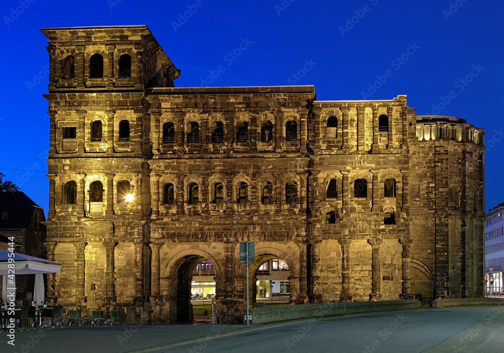 Evening view of the Porta Nigra (Black Gate) in Trier, Germany