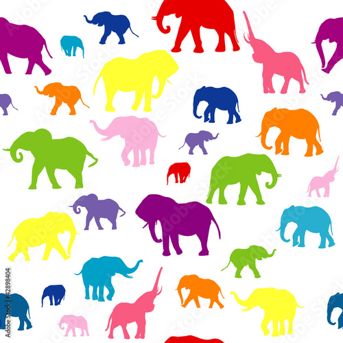 Seamless background with colored elephants silhouettes