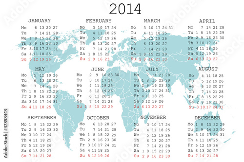 2014 calendar with blue map for your notebook or agenda
