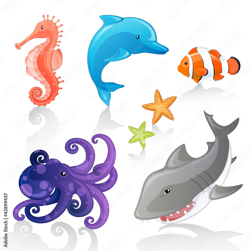 Obraz premium Set of Vector Cartoon Sea Creatures