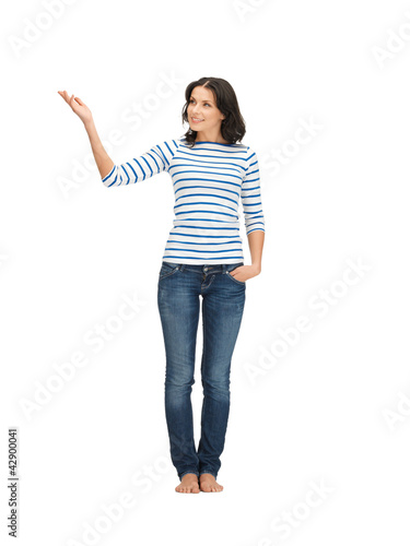 woman in casual clothes showing direction