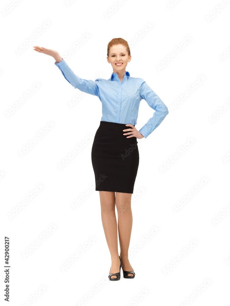 smiling stewardess showing direction smiling stewardess showing direction