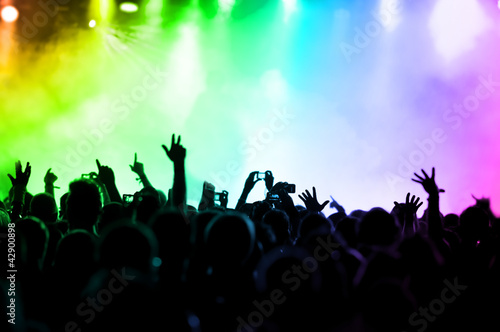 cheering crowd in front of colorful stage lights
