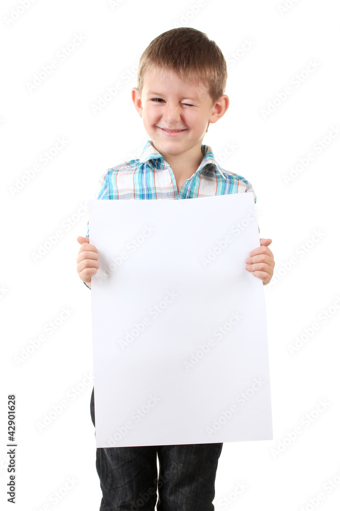 portrait of happy little boy with sheet of paper isolated portrait of happy little boy with sheet of paper isolated