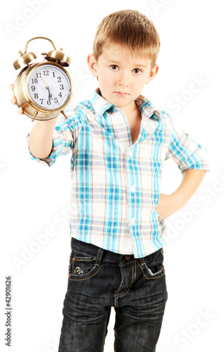 funny little boy with alarm...