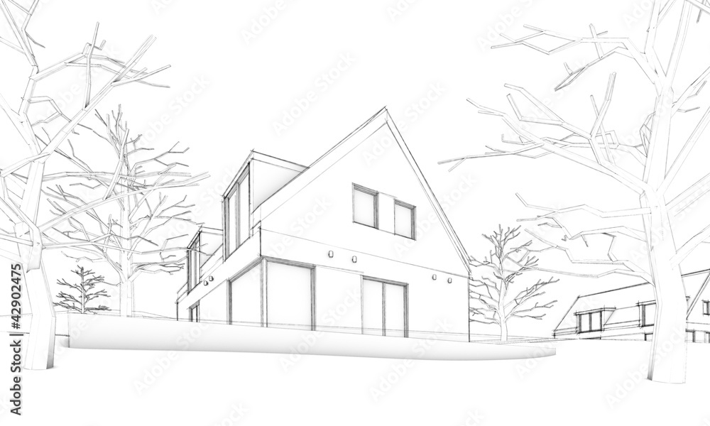 Sketch of modern house on hill – situation