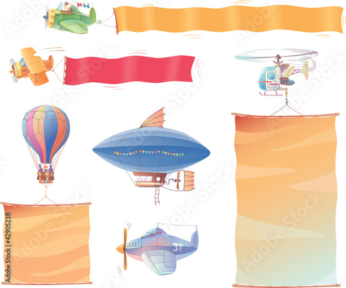 There are different air vehicles with bright blank banners
