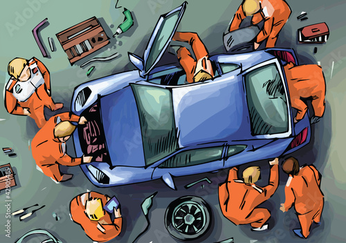 The mechanics are repairing the blue sport car.