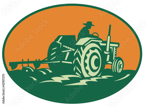 Farmer Worker Driving Farm Tractor