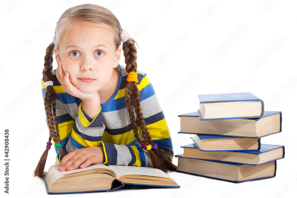 surprised girl reading books on isolated white surprised girl reading books on isolated white