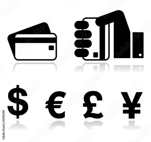 Payment methods icons set - credit card, by cash - currency.