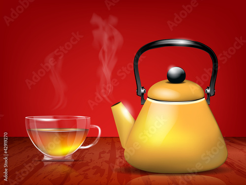 Yellow metal teapot and glass cup of tea - vector file