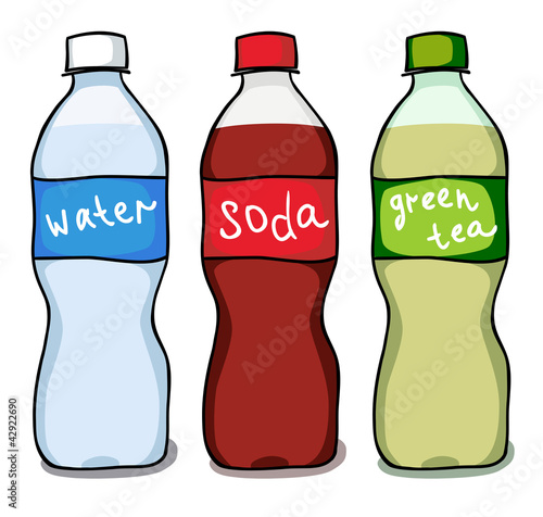 Set sketchs of water, soda and green tea bottles