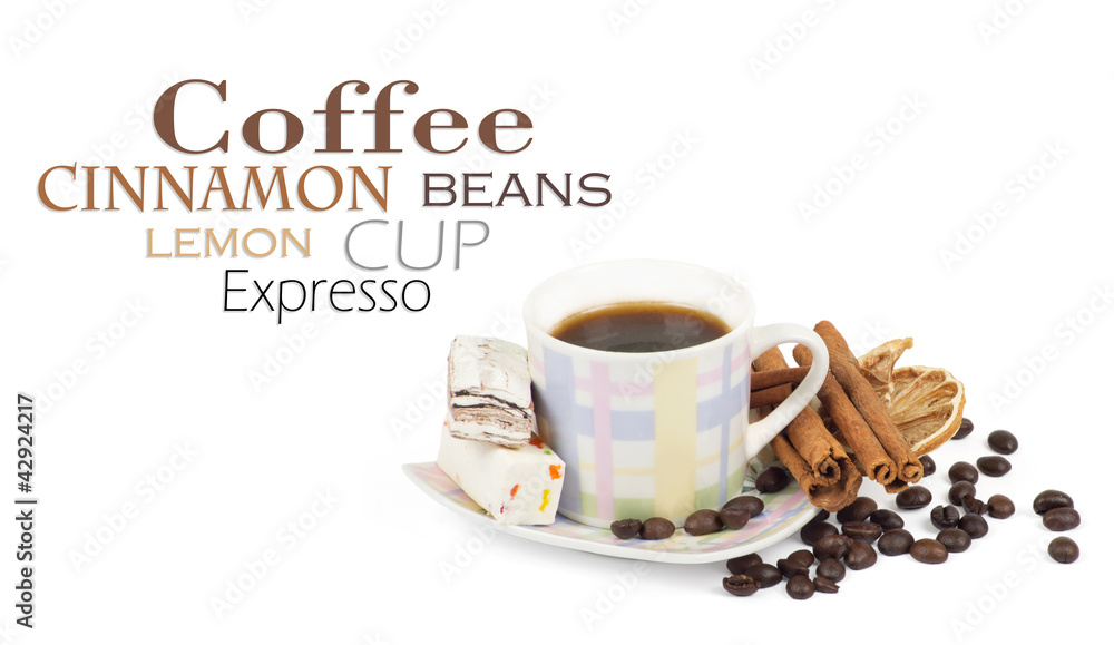 Cup of coffee with ingredients on a white background Cup of coffee with ingredients on a white background
