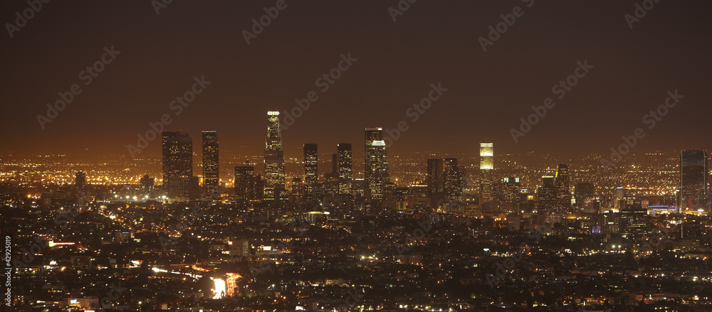 Obraz premium Sunset of Downtown Los Angeles skyline
