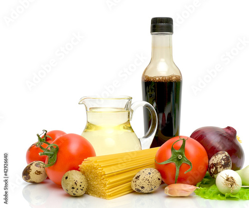 still life. vegetables, pasta, eggs, sunflower oil and soy sauce