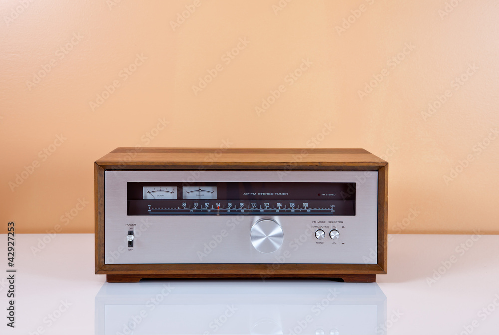 Fototapeta premium Vintage Stereo Tuner in Wooden Cabinet