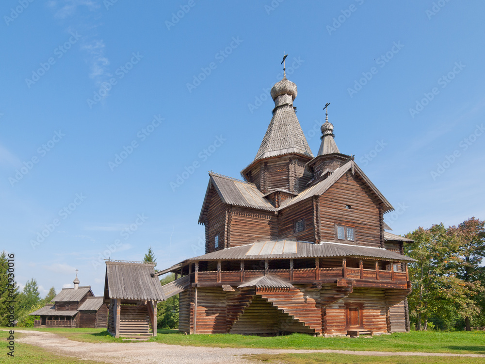 Ancient wooden church in  Russian village.