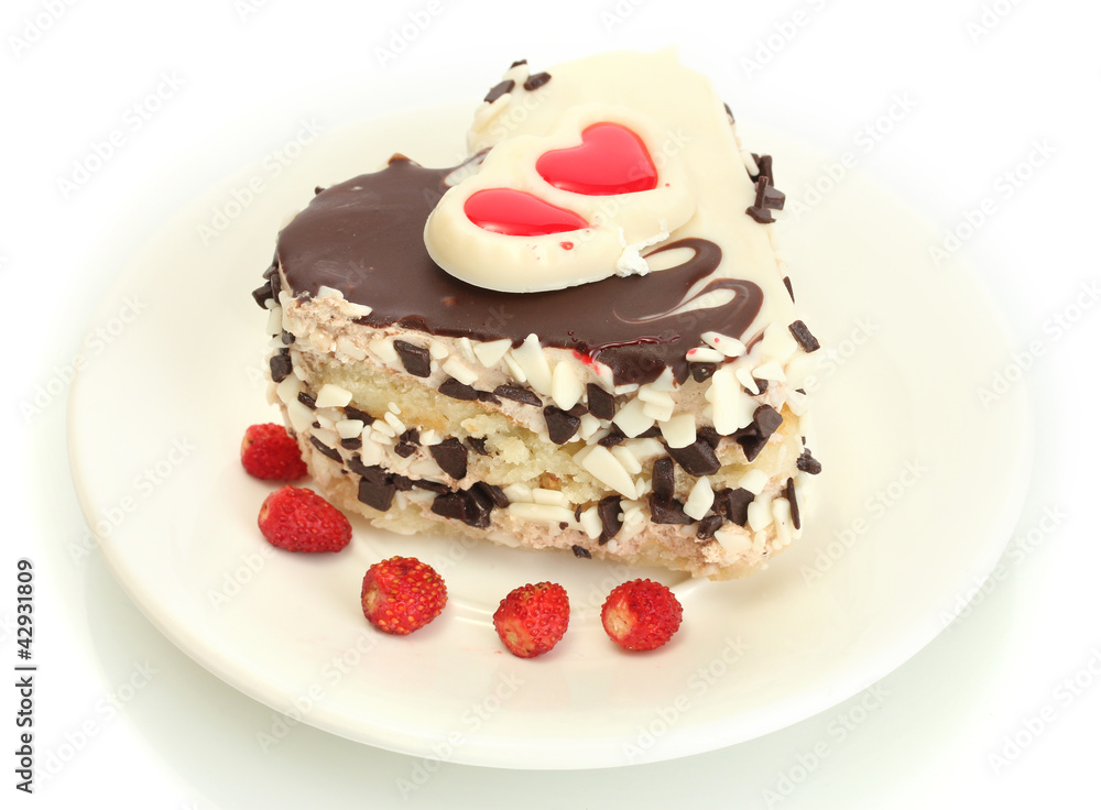 sweet cake with chocolate on plate isolated on white sweet cake with chocolate on plate isolated on white