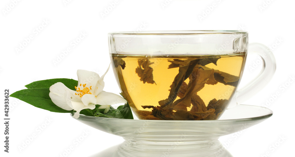 cup of green tea with jasmine flowers isolated on white cup of green tea with jasmine flowers isolated on white