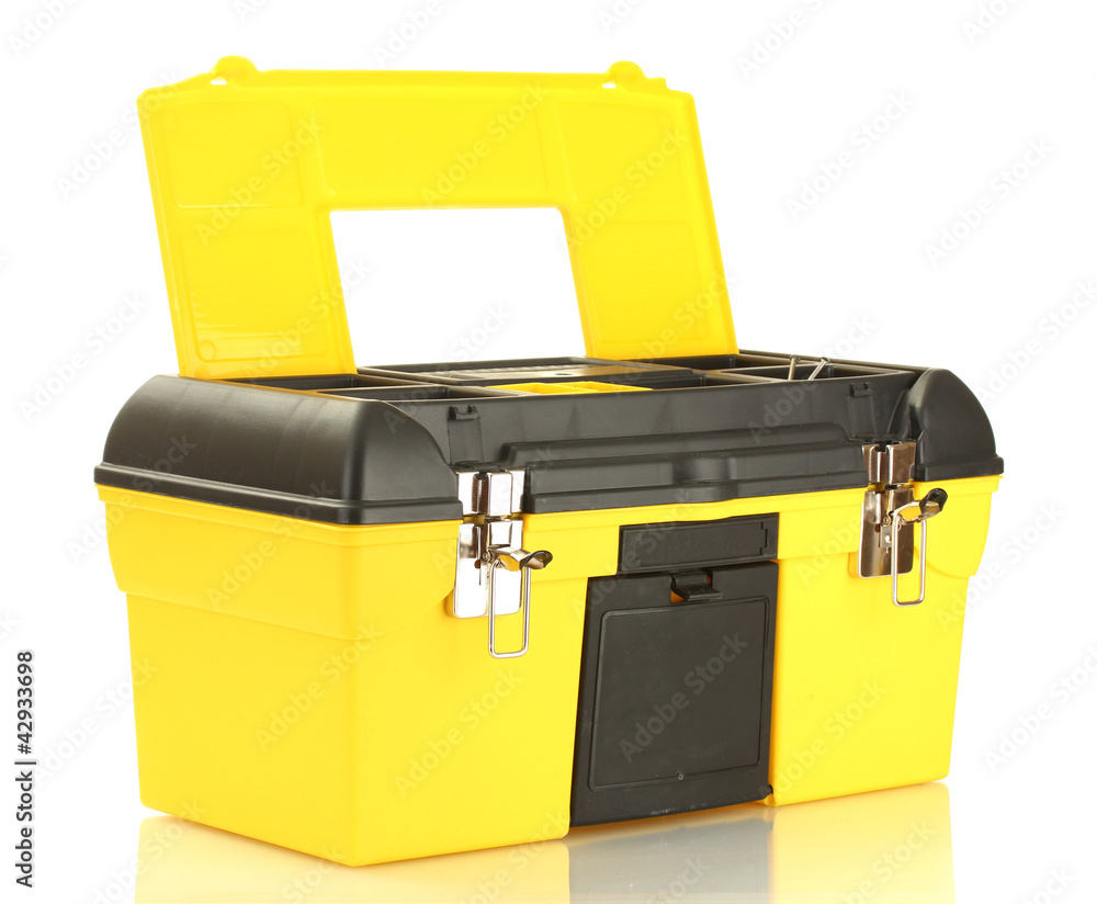 open yellow tool box isolated on white close-up open yellow tool box isolated on white close-up