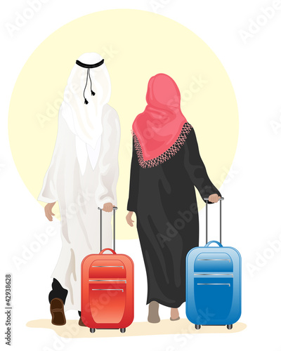 arab couple with suitcase