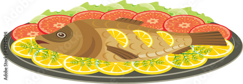 Dish with the baked fish. vector