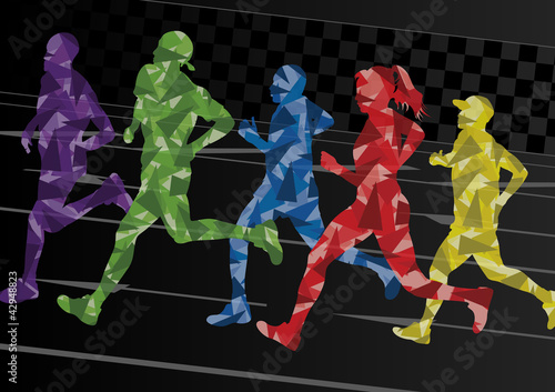 Marathon runners mosaic silhouettes colorful vector