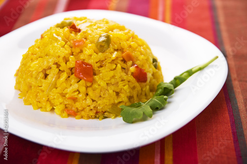 Rice dish on tablecloth