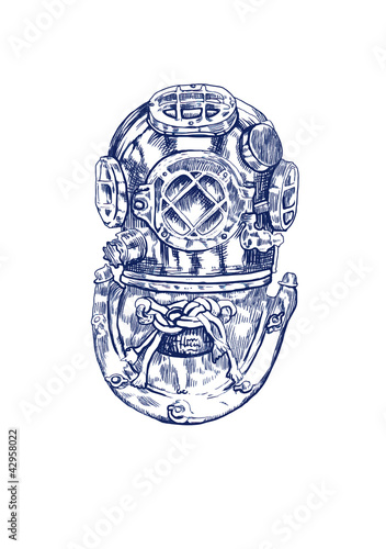 old diving helmet, hand drawing converted to vector
