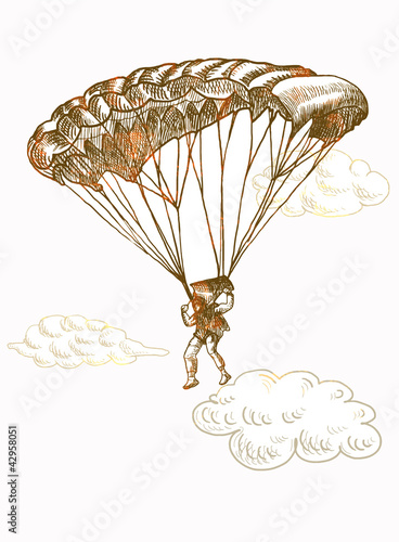 parachutist jumped from a plane, hand drawing