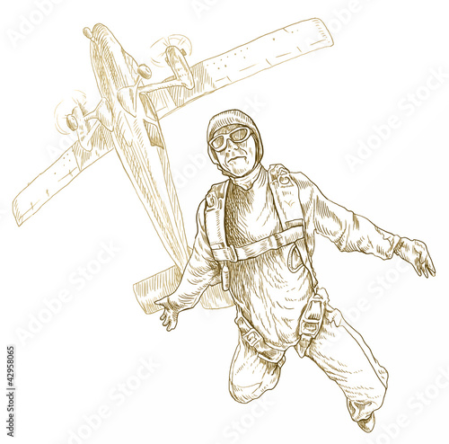 parachutist, hand drawing, outlines isolated on white