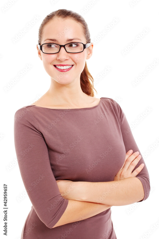 Business woman in glasses looks at side Business woman in glasses looks at side