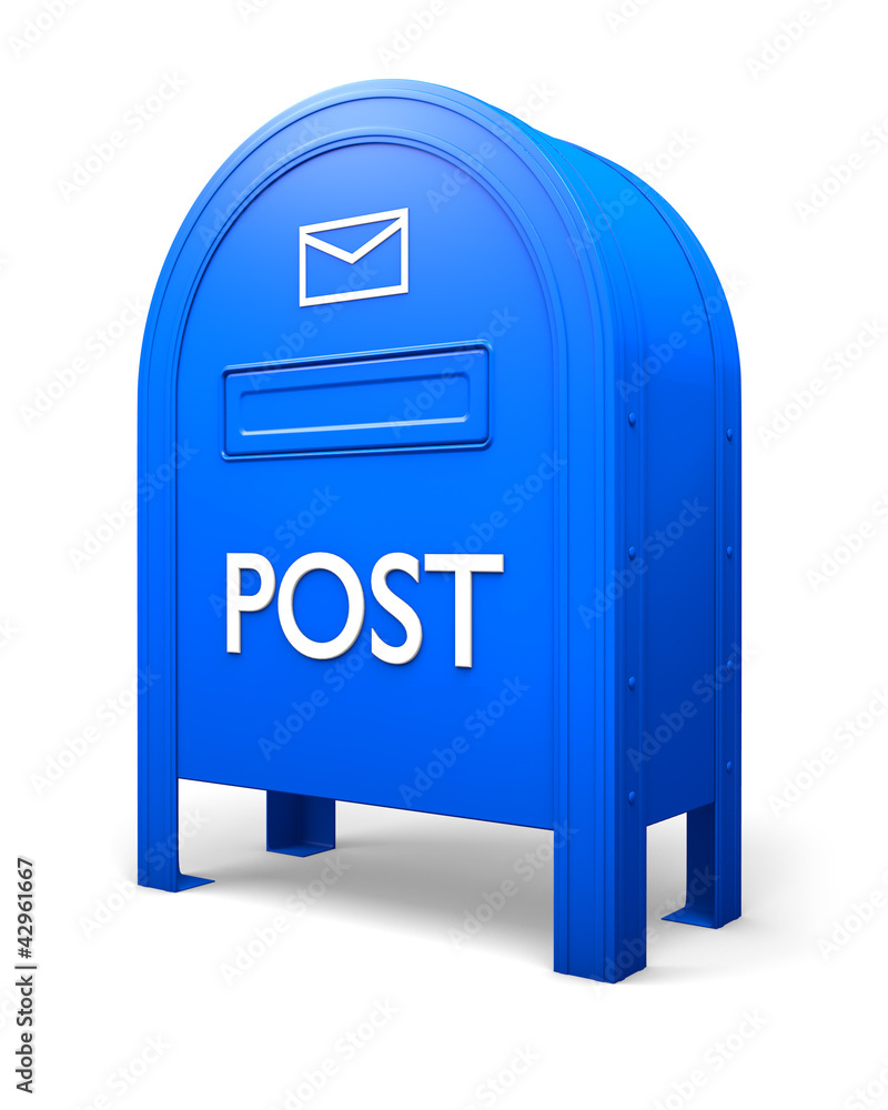 Blue isolated postbox with an envelope sign Blue isolated postbox with an envelope sign