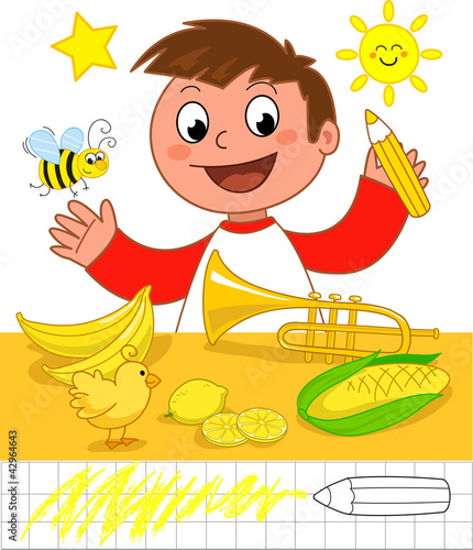 Bambino con oggetti gialli, illustrazione educativa sui colori
