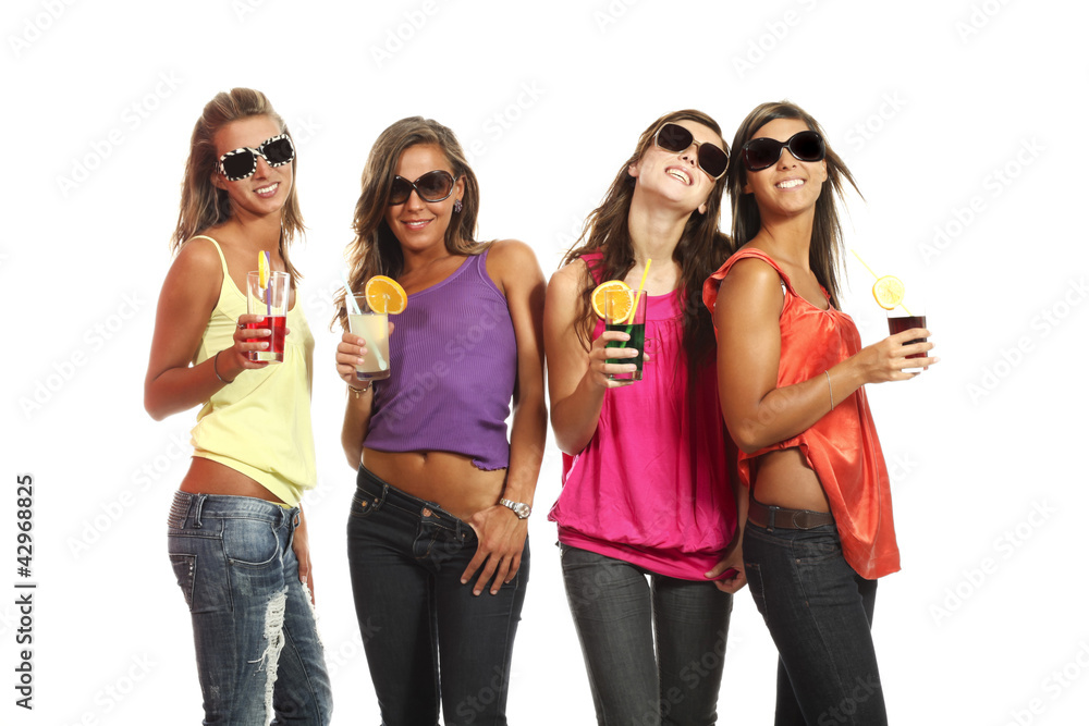 four girls have fun at the party, studio portrait four girls have fun at the party, studio portrait